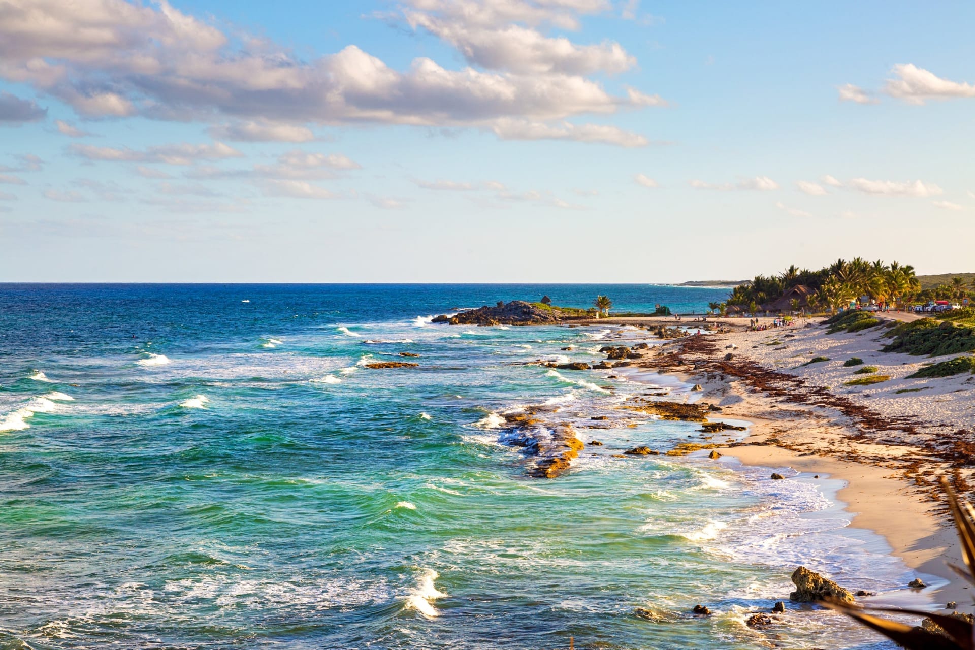 Türkisblaues Karibikwasser an der Küste von Cozumel mit weißem Sandstrand und Palmen