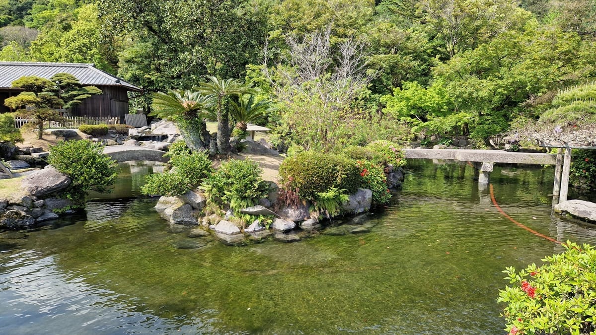 Teich mit kleiner Insel, Steinbrücken und Palmfarnen im Landschaftsgarten Sengan-en