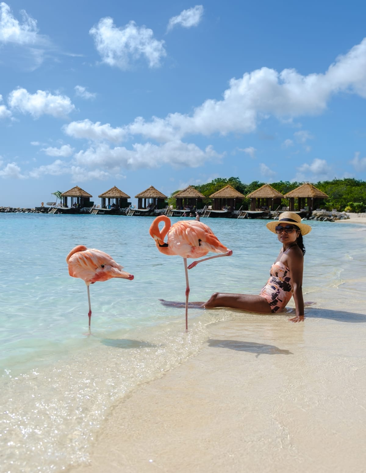 Frau mit Sonnenhut sitzt am Sandstrand neben zwei rosa Flamingos, dahinter Palmdach-Cabanas