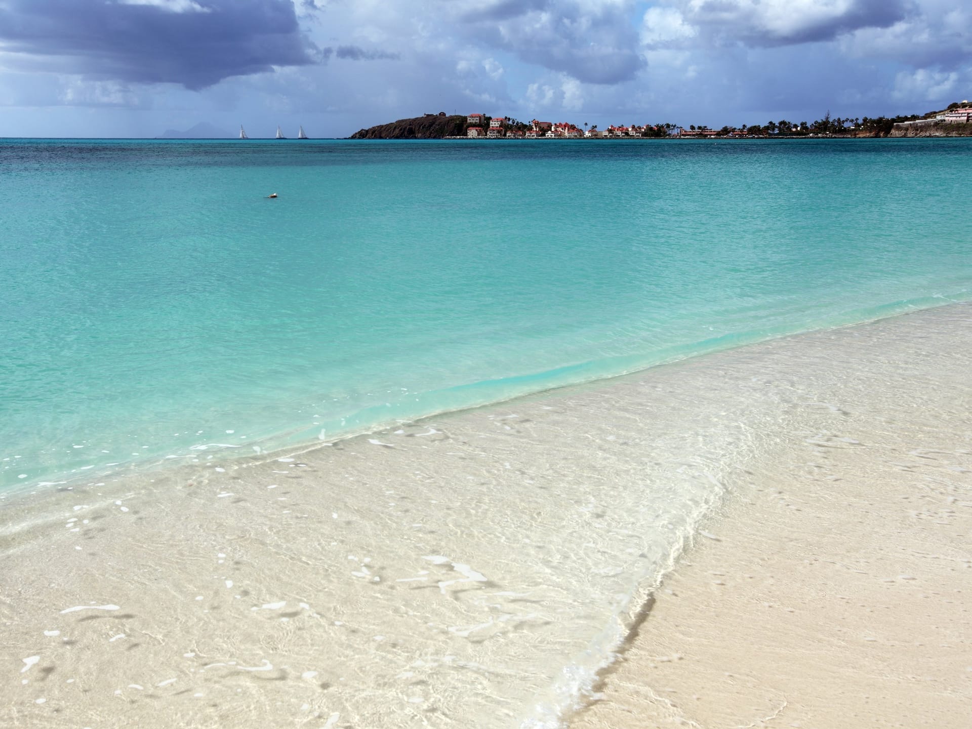 Blick über die Great Bay mit dem Strand von Philipsburg und Kreuzfahrtschiffen am Pier von St. Maarten