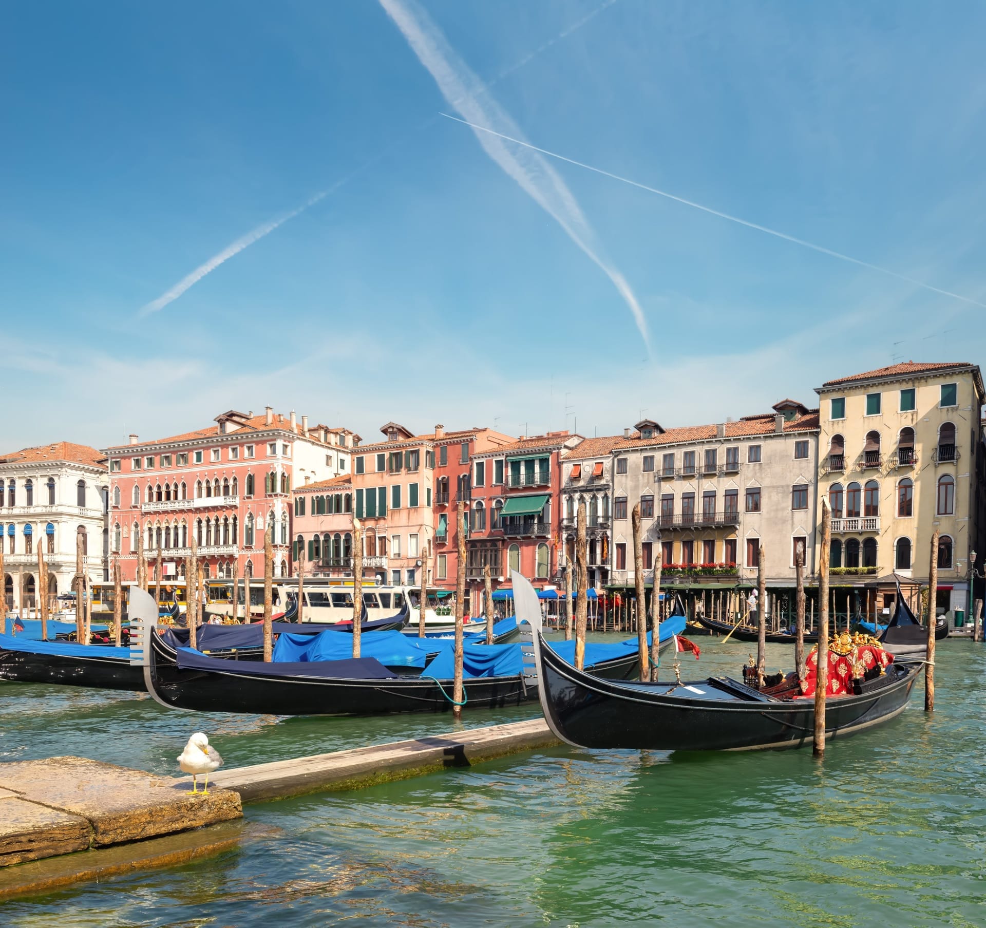 Vertäute Gondeln am Canal Grande vor historischen Palazzi, im Hintergrund eine Vaporetto-Haltestelle