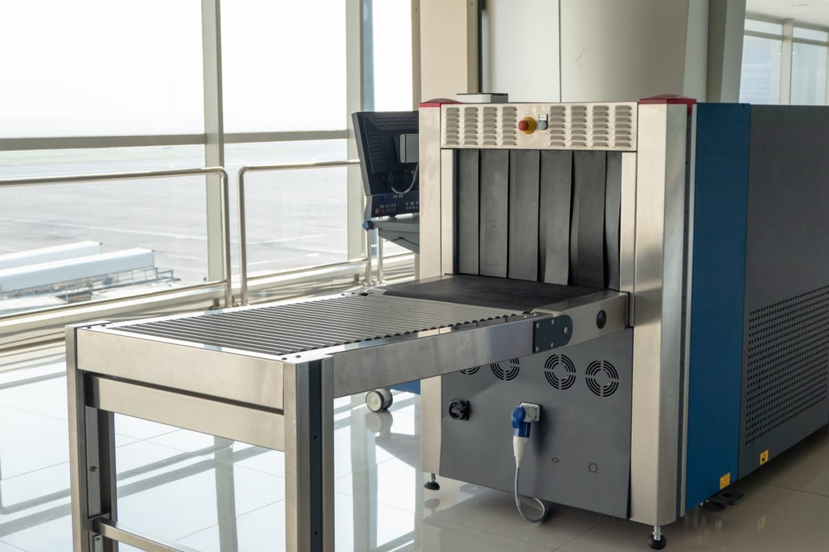 Röntgengerät für Handgepäck mit Förderband an einem Terminal